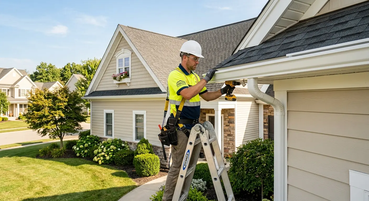 Professional contractor installing seamless aluminum gutters on a suburban home